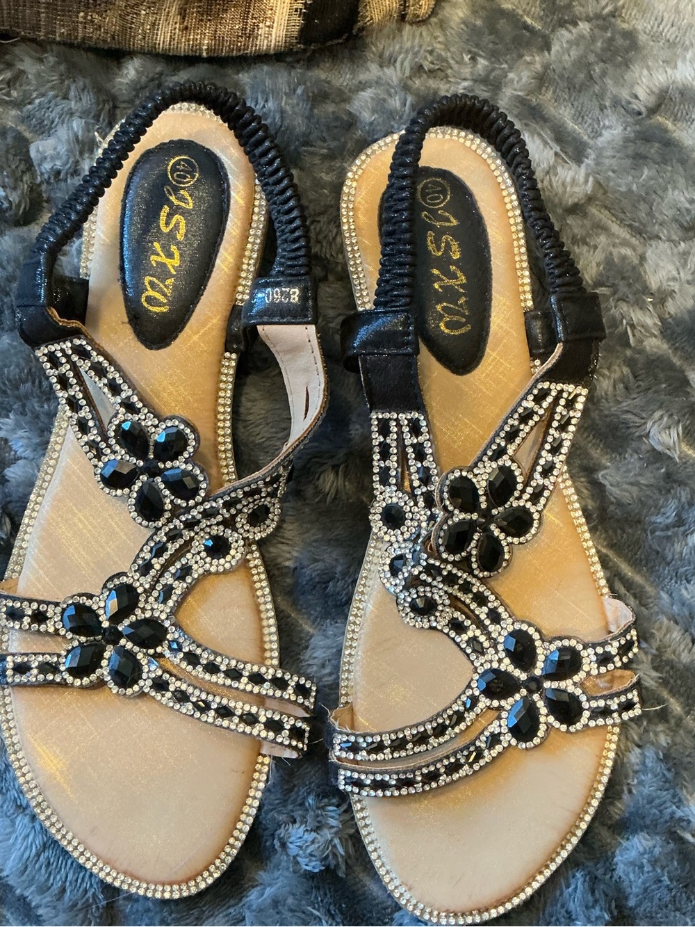 Women's Black Jeweled Floral T-Strap Sandals
